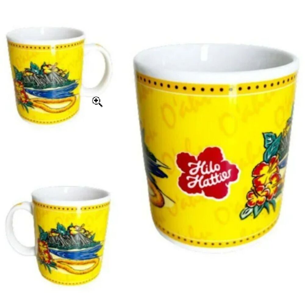 Hilo Hattie HAWAIIAN Coffee Mug Yellow White Ceramic Volcano Tropical COLORFUL